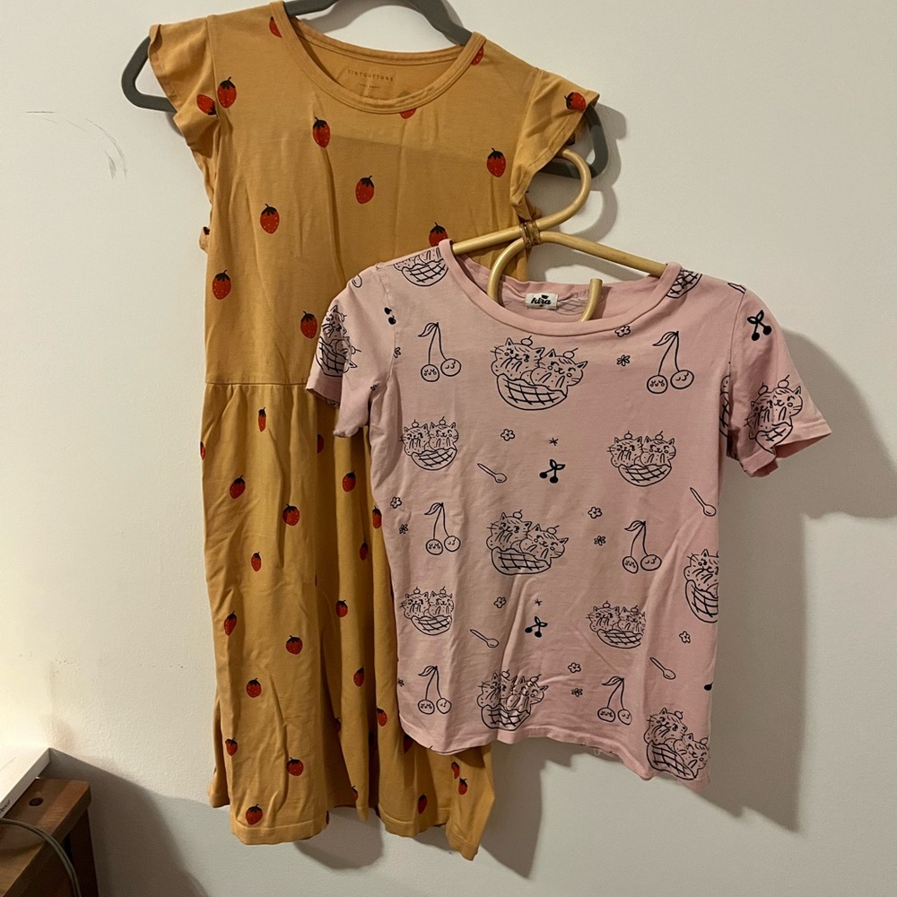 Kids Small Brand Bundle strawberry dress and Pink Kitty Shirt